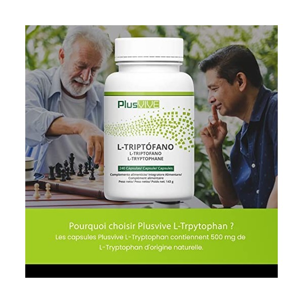 Plusvive - Lot de 240 capsules de L-tryptophane, 100 % vegan, 500 mg