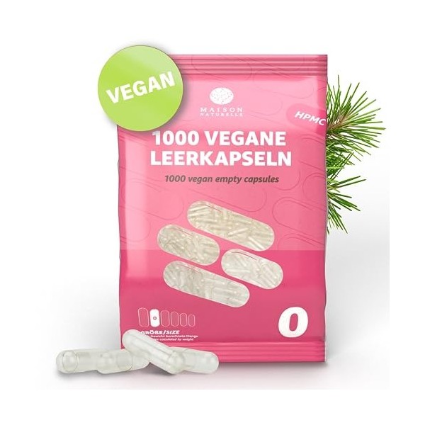 MAISON NATURELLE® Vegan Empty Capsules Size 0 1000 Caps - capsules vides à remplir - en HPMC de fibre de pin - Non-GMO, Pro