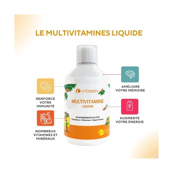 Multivitamines liquide avec minéraux pour femmes, hommes et enfants | Vitamine A B C D3 E ZINC + mélange Super Vert | Immunit