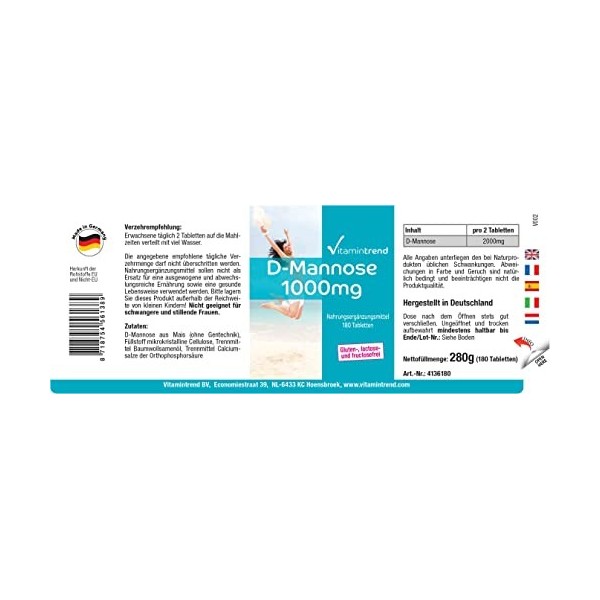 D-Mannose 1000mg - 180 Comprimés - végétalien - dosage élevé | Vitamintrend®