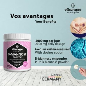 D-Mannose Poudre à Forte Dose 2000mg - Soins Urinaires - Boîte de 100g pour un Apport Permanent -Qualité Allemande, Complemen