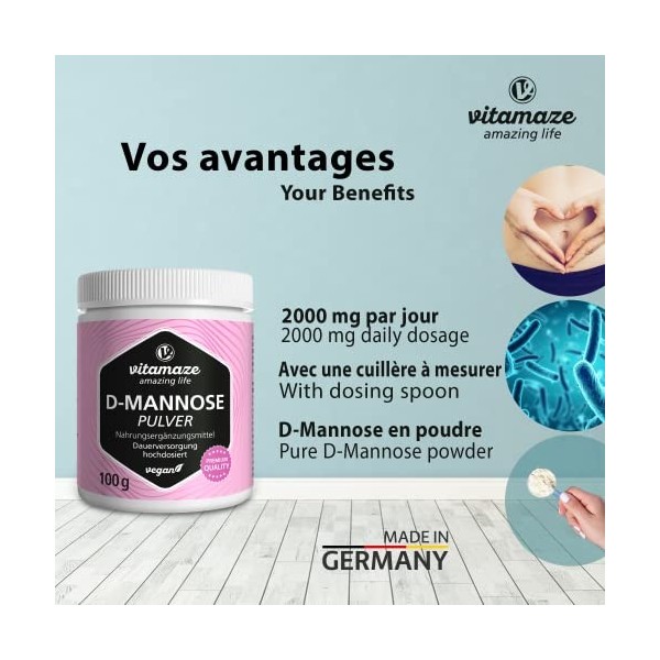 D-Mannose Poudre à Forte Dose 2000mg - Soins Urinaires - Boîte de 100g pour un Apport Permanent -Qualité Allemande, Complemen