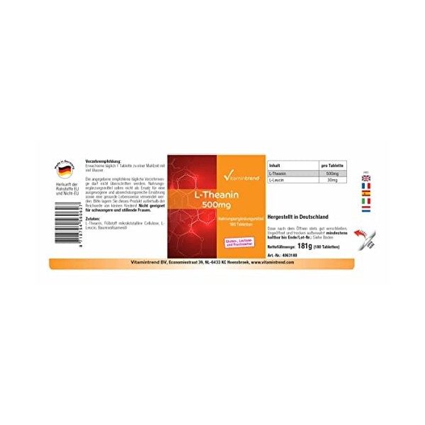 L-Théanine 500mg - ! POUR 6 MOIS ! - Boite de 180 comprimés – Végan - Acide aminé | Vitamintrend®