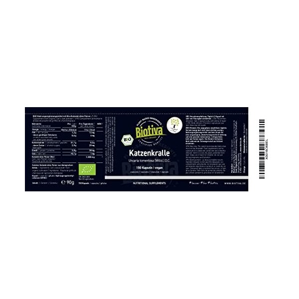 Biotiva Gélules de griffes de chat bio - 150 pièces - Uncaria tomentosa Willd. D.C - certifié bio DE-ÖKO-005 