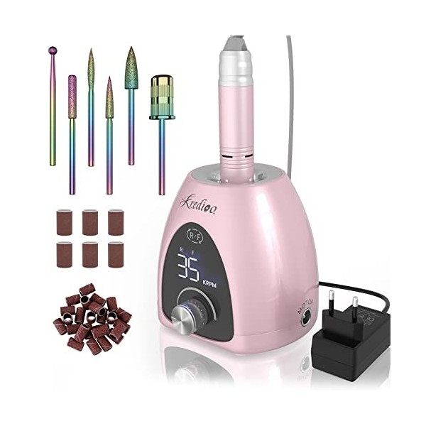 Kredioo Ponceuse pour Ongles Professionnelle 35000RPM avec Affichage de LED Bouton de Pause et 6 Embouts pour Manucure Pédicu