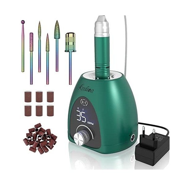 Kredioo Ponceuse pour Ongles Professionnelle 35000RPM avec Affichage de LED Bouton de Pause et 6 Embouts pour Manucure Pédicu