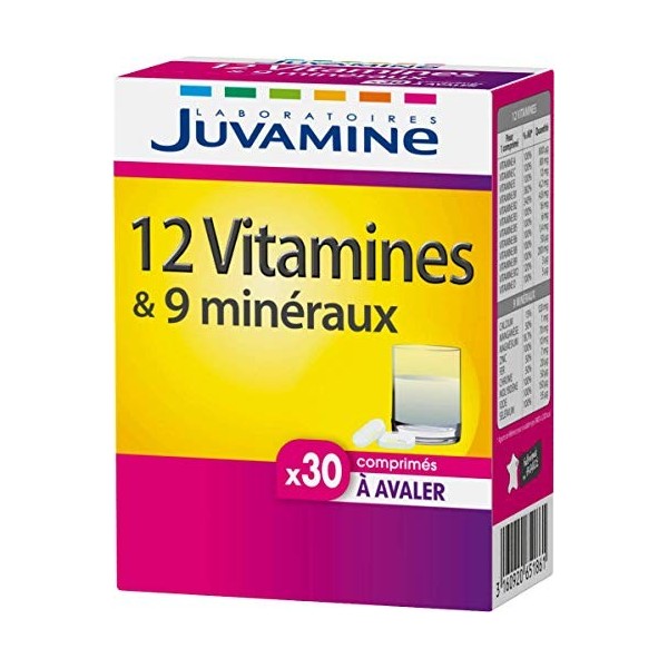 JUVAMINE - 12 Vitamines & 9 Minéraux - Aide à réduire la fatigue - 30 Comprimés à Avaler