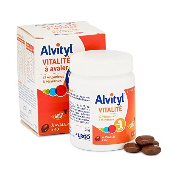 Alvityl - Comprimés Vitalité - 12 vitamines et 8 minéraux - Dès 6 ans, goût chocolat - 40 comprimés