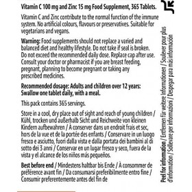 Marque Amazon - Solimo Complément alimentaire avec 100 mg de vitamine C et 15 mg de zinc, 365 comprimés