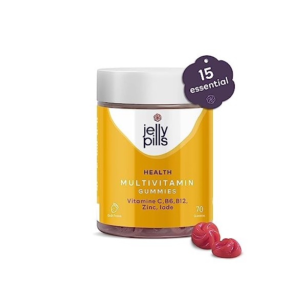 Jelly Pills® Multivitamines et minéraux 70 gummies pour adultes - Sans sucres ajoutés - Arôme de fraise 5 semaines - Avec tou