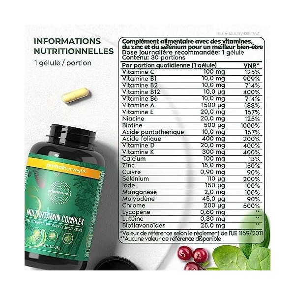 Primal Harvest® Comprimés multivitamines 60 portions - Hautement dosés - Capsules multivitamines avec vitamines essentielle