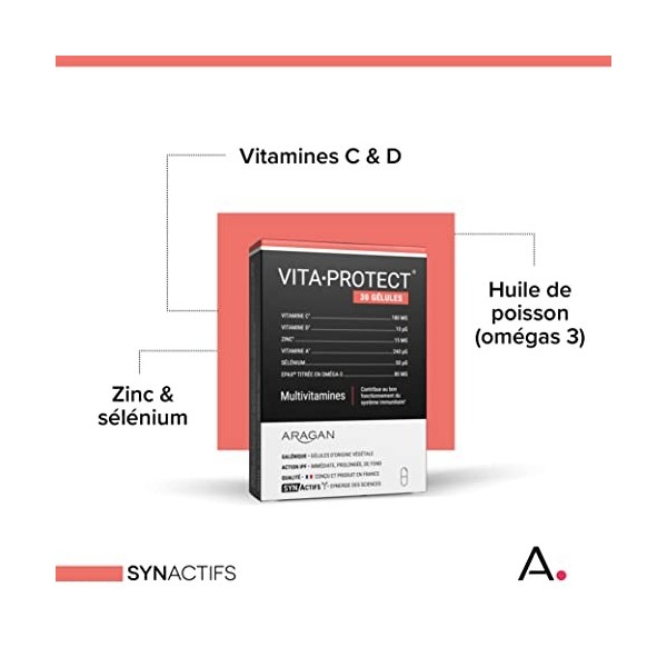 ARAGAN - Synactifs - VitaProtect - Complément Alimentaire Immunité - Vitamines C, D, Zinc, Sélénium, Oméga 3 - 30 gélules - 1