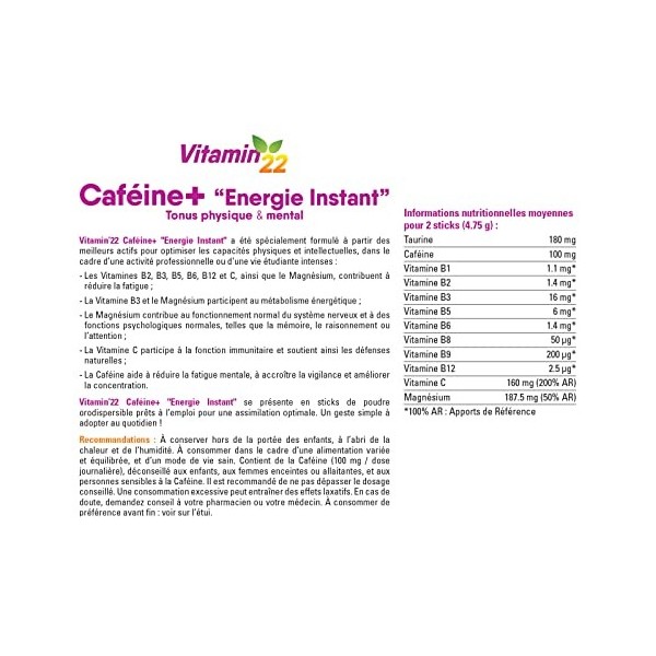 VITAMIN 22 - Caféine+ - Energie et vitalité quotidienne - Sans gluten - Cure de 7 à 14 j - 14 sticks
