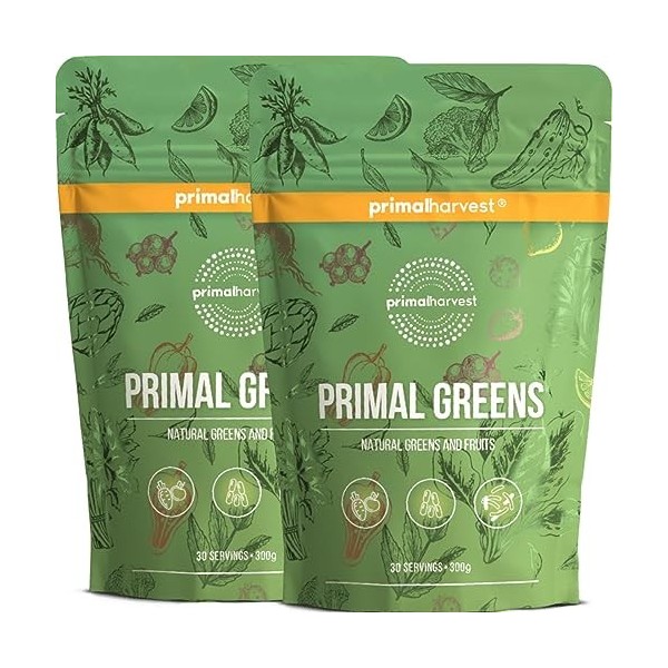 Primal Harvest Poudre Primal Greens 30 doses - Sans lactose - Superfood vert - Complément alimentaire - Sans OGM - Herbe d