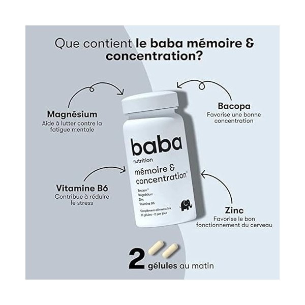 Baba Nutrition Complément Alimentaire Pour La Mémoire et La Concentration | Complexe De Plantes, Vitamines Et Minéraux Pour U