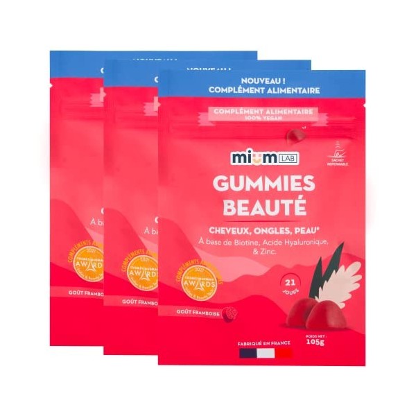 mium LAB - x3 Compléments Alimentaire Beauté en Doypack - Gummies Pousse Cheveux - Arôme Naturel et Végan - 42 Gommes de Frui