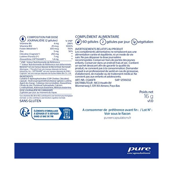 Pure Encapsulations Cogni Activ - Soutien des Fonctions Cognitives - Avec Vitamines B6, B9, B12, Folate, Zinc, Lutéine et Zéa