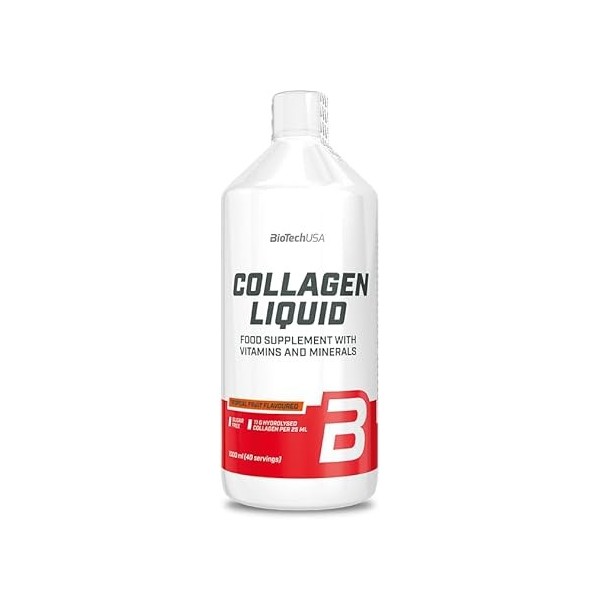 BioTechUSA Collagen Liquid, Complément alimentaire aromatisé contenant du collagène, avec des vitamines, des substances minér