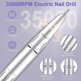Manucure Éléctrique,Cadrim Ponceuse pour Ongles Professionnelle 35000 RPM Portable Rechargeable par USB, Lime à Ongle Electri