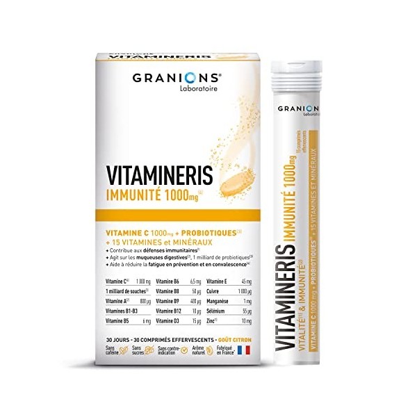 Vitamine C 1000mg + Probiotiques 1 milliard de souche + 15 vitamines et minéraux - 30 comprimés effervescents Contribue aux d