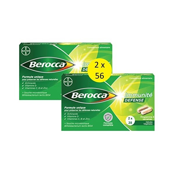 Berocca Immunité Défense Gélules Végétales, Vitamines D, B6, B9, B12, Zinc, Echinacée et souche microbiotique, 2 Packs 56 gél