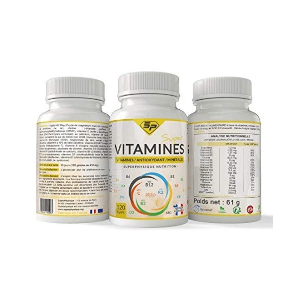 SUPER VITAMINES • 19 MICRO-NUTRIMENTS ESSENTIELS • Formes BIO-DISPONIBLES • Pour homme et femme • MADE IN FRANCE • Pour 2 MOI