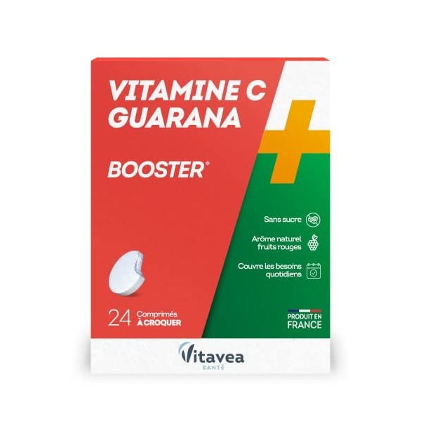 Vitavea - Vitamine C Guarana - booster sans sucre arome naturel fruits rouges - fabriqué en France - 24 comprimés à croquer