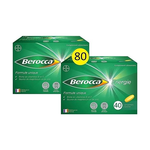 Berocca Energie Comprimés à Avaler Vitamine C, B3, B5, B1, B12, Magnésium, Zinc, 2 Pack de 40 comprimés