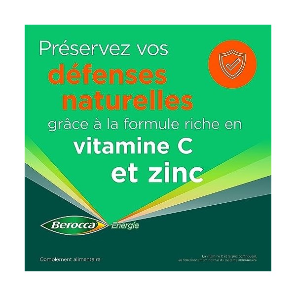 Berocca Energie Comprimés à Avaler Vitamine C, B3, B5, B1, B12, Magnésium, Zinc, 2 Pack de 40 comprimés