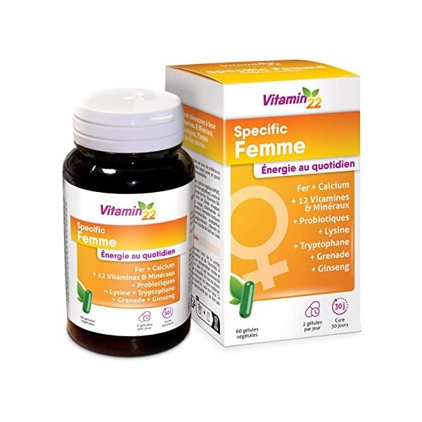 VITAMIN 22 - Specific Femme - A base de 14 vitamines et minéraux - Action fortifiante et anti-fatigue - Fabriqué en France - 