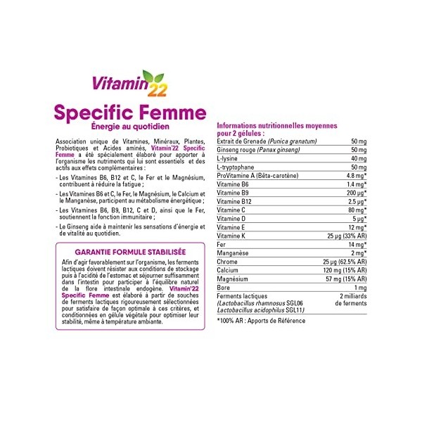 VITAMIN 22 - Specific Femme - A base de 14 vitamines et minéraux - Action fortifiante et anti-fatigue - Fabriqué en France - 