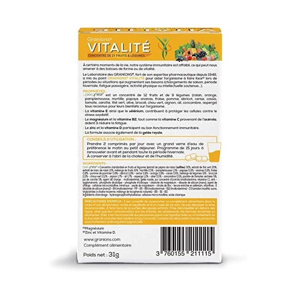 GRANIONS Vitalité - 30 Comprimés - 15 Jours - Complexe Breveté Oxxynea - Gelée Royale, Acérola, Vitamines du groupe B, Vitami