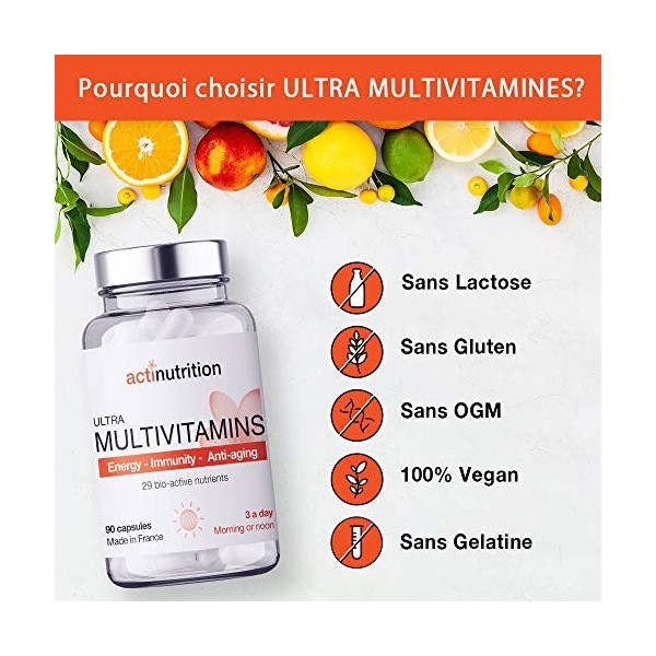 ULTRA Multivitamines | 29 Nutriments Bio-actifs dont Vitamines C & D + Ferments Lactiques | 90 gélules | Pour Vitalité, Immun