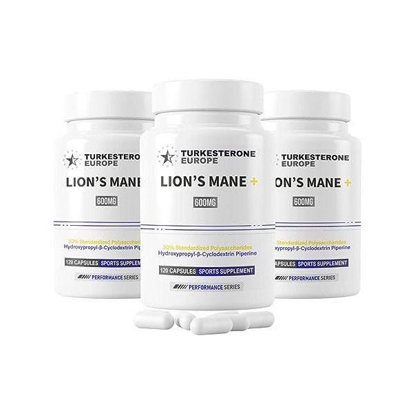 Lot de 3 - Lions Mane Héricium 30% Polysaccharides Complexe avec HydroPerine™ - 120 Gélules 600mg - Turkesterone Europe®