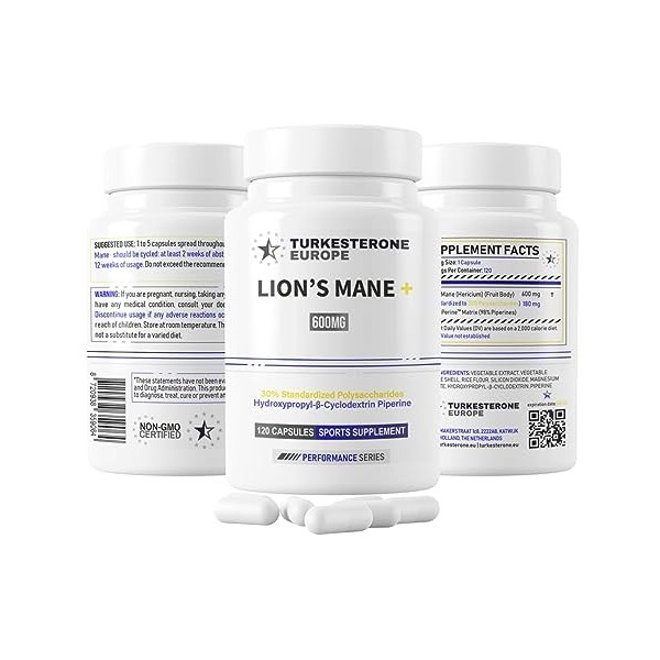 Lot de 3 - Lions Mane Héricium 30% Polysaccharides Complexe avec HydroPerine™ - 120 Gélules 600mg - Turkesterone Europe®