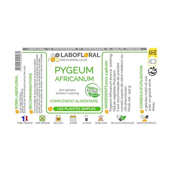 Pygeum Africanum Labofloral 500 gélules dosées à 250 mg - Complément alimentaire - Prostate - Fabriqué en france