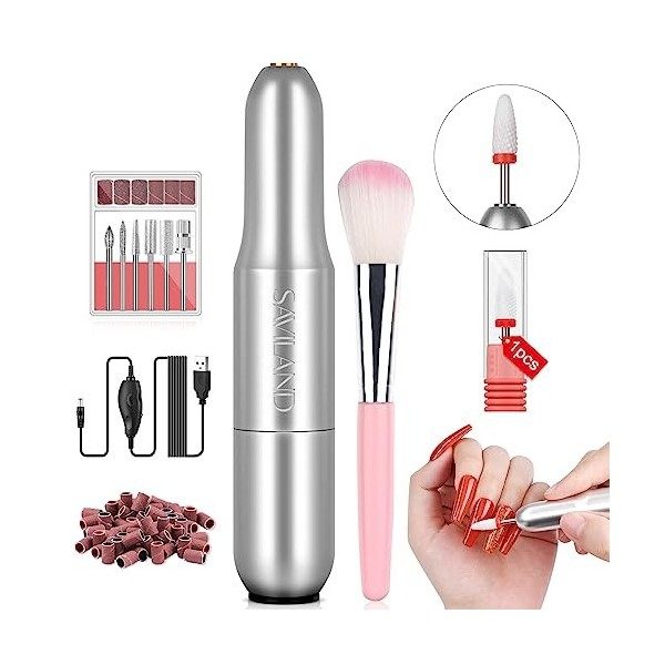 Saviland Ponceuse Professionnel pour Ongles, 7 en 1 Ponceuse Ongle Portable Silencieuse avec 51 Capuchons de Polissage, Puiss