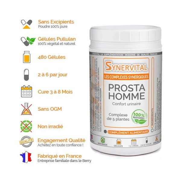 Prosta Homme - 480 gélules dosées à 300mg - Complexe de plantes pour la Prostate, les troubles urinaires - Sabal - Courge - E