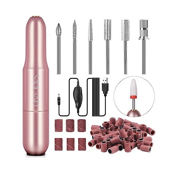 Saviland Ponceuse Professionnel pour Ongles, 7 en 1 Ponceuse Ongle Portable Silencieuse avec 51 Capuchons de Polissage, Puiss