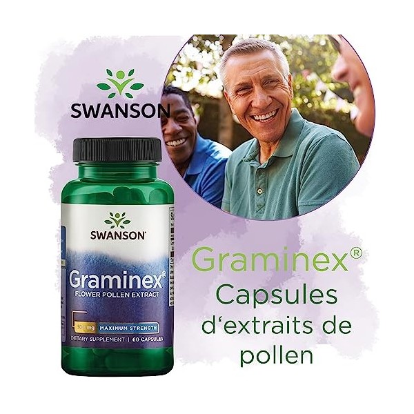 Swanson, Graminex Flower Pollen Extract Extrait de Pollen de Fleurs , 500mg, de Seigle, 60 Capsules, Hautement Dosé, Testé e