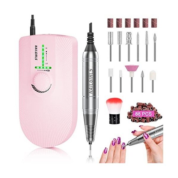 Lime Ongle Electrique Professionnel,NAILGIRLS 11 En 1 Ponceuse Pour Ongles Sans Fil Rechargeable 35000 tr/min Vitesse Réglabl