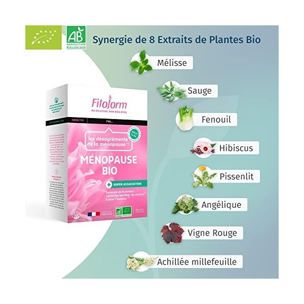 Fitoform - Ménopause Bio - Synergie de 8 Plantes Contre les Bouffées de Chaleur & pour lHumeur - Fenouil, Sauge, Mélisse, Vi