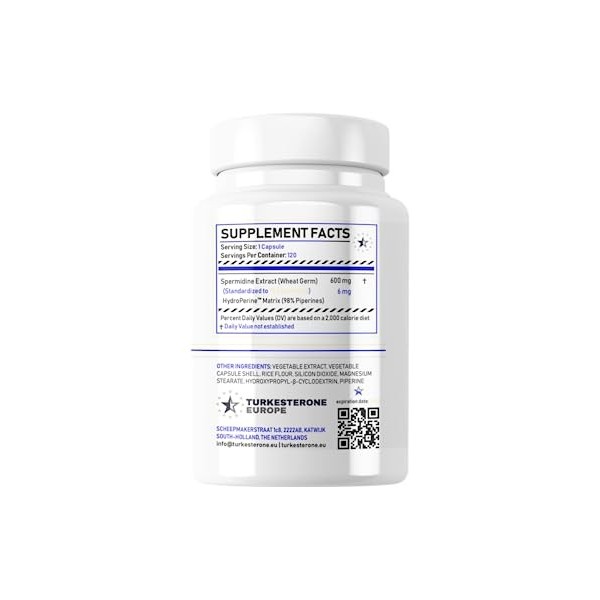 Spermidine+ 1% de Spermidine Complexe avec HydroPerine™ - 120 Gélules 600mg - Turkesterone Europe®