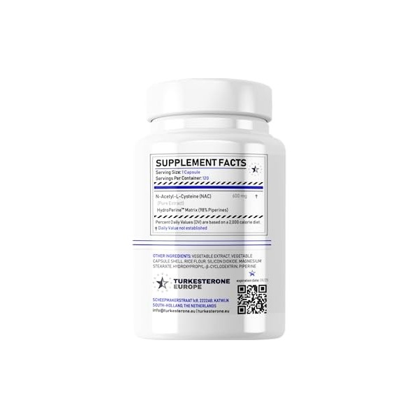 NAC 100% N-Acétylcystéine Complexe avec HydroPerine™ - 120 Gélules 600mg - Turkesterone Europe®