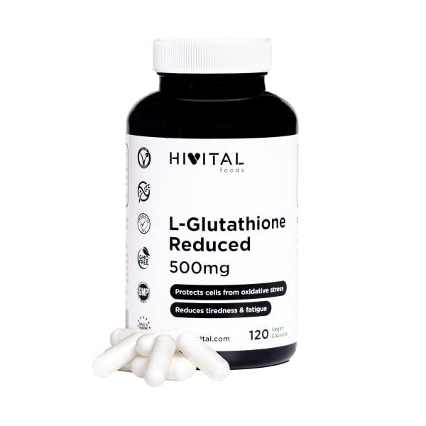 Glutathion 500 mg réduit à 98%. 120 gélules végétaliennes pour 4 mois. Acide aminé L-Glutathion, Antioxydant cellulaire qui a