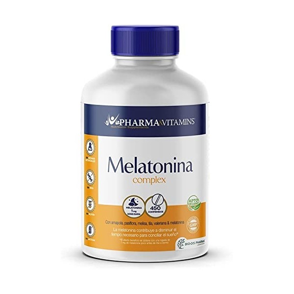 Pharma & Vitamins - Melatonin Complex 1 mg - 450 Comprimés - Convient aux Végétaliens - Aide au Sommeil - Effet Relaxant - av