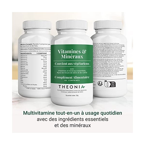 Multivitamine avec 13 ingrédients essentiels de Theonia - Renforce système immunitaire, prévient les carences en vitamines et