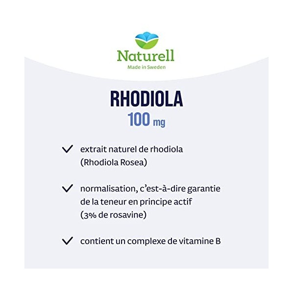 Rhodiola Rosea 100mg Naturell – plus vitamines B1, B2, B3 et B5, B6 – haute dose – 120 comprimés – fabriqué en Suède