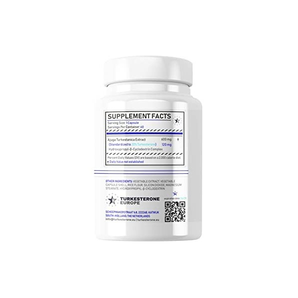 Turkesterone+™ 20% Complexe avec Hydroxypropyl-Bêta-Cyclodextrine - 60 Gélules 600mg - Turkesterone Europe®
