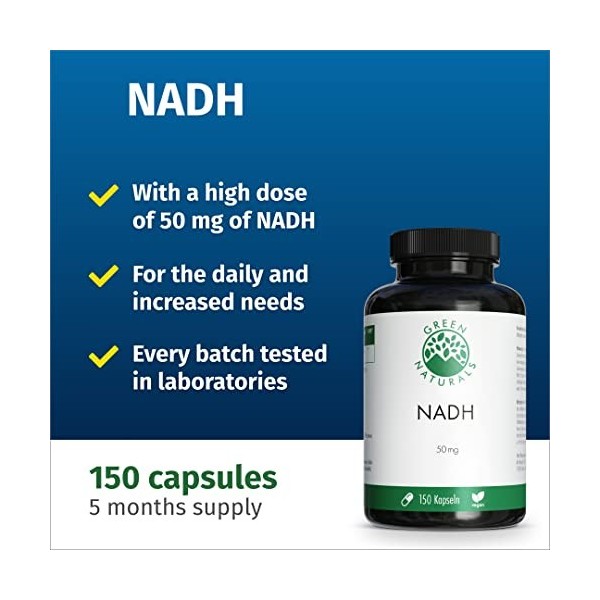 NADH 50 mg - 150 gélules de fabrication allemande - 100% Végétalien - Green Naturals